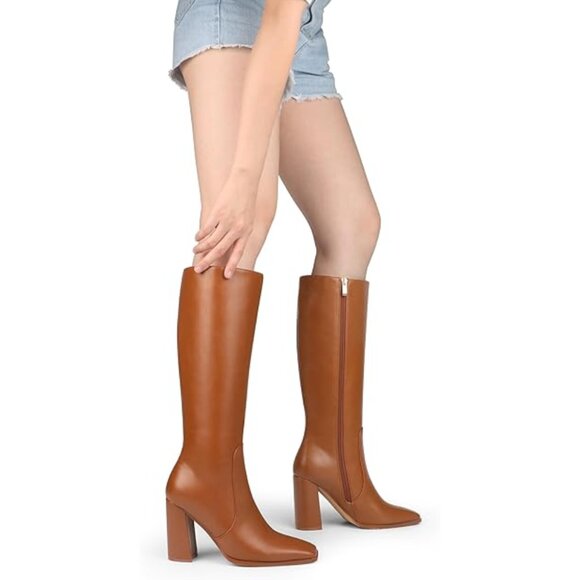 Zzheels Women's 10.5 Light Brown Boots Square Toe Chunky Side Zipper Heeled Long - Picture 3 of 11